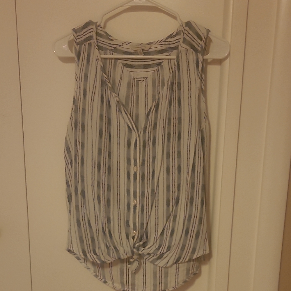 Lucky Brand White Gray Sleeveless Tie Front Blouse